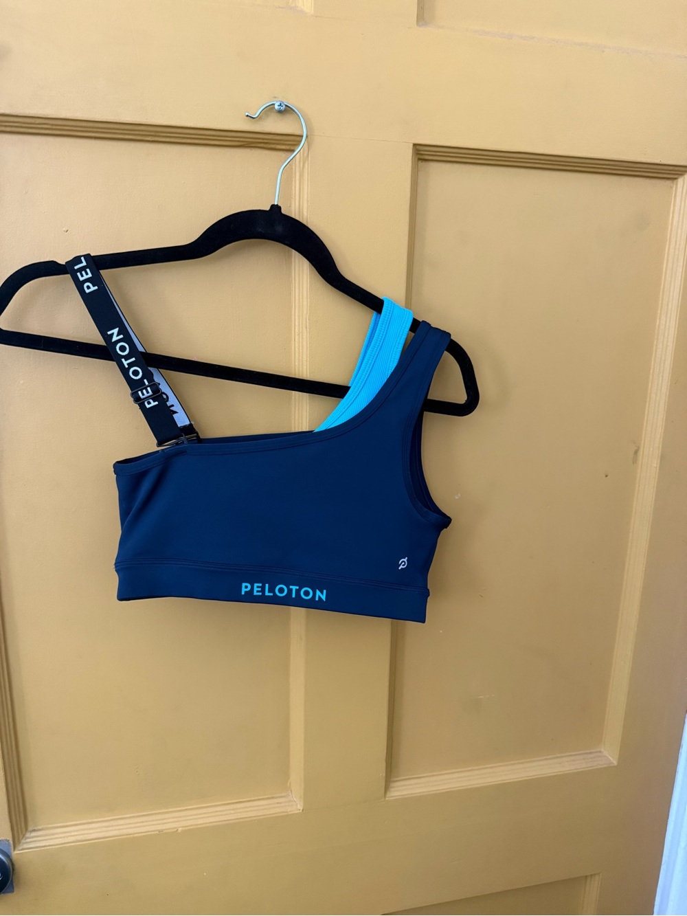 Peloton Navy Sports Bra & Shorts with Aqua Strap Push Your bOundaries set